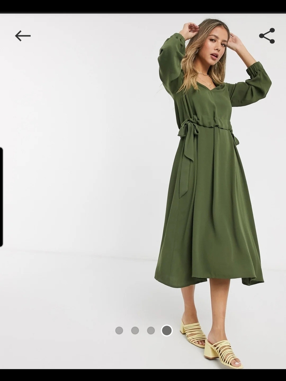 ASOS Olive Tie-Waist Long Sleeve Midi Dress Olive Green Sz S-M